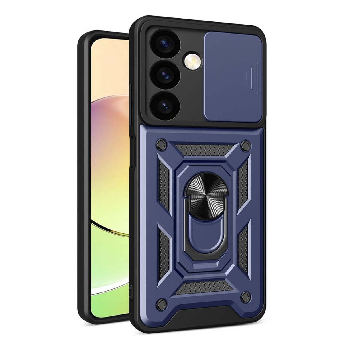 Coque de téléphone bleue avec cache caméra coulissant et support d'anneau. Le téléphone est à droite.
