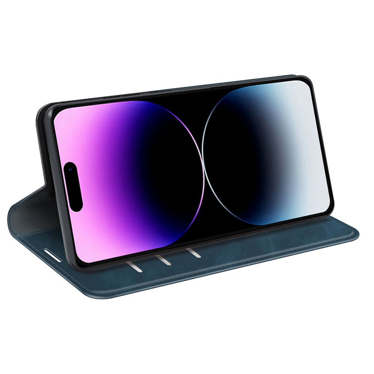 Een telefoon in een blauwe hoes, open en in de stand-modus. De telefoon toont een lichtblauw en wit scherm.