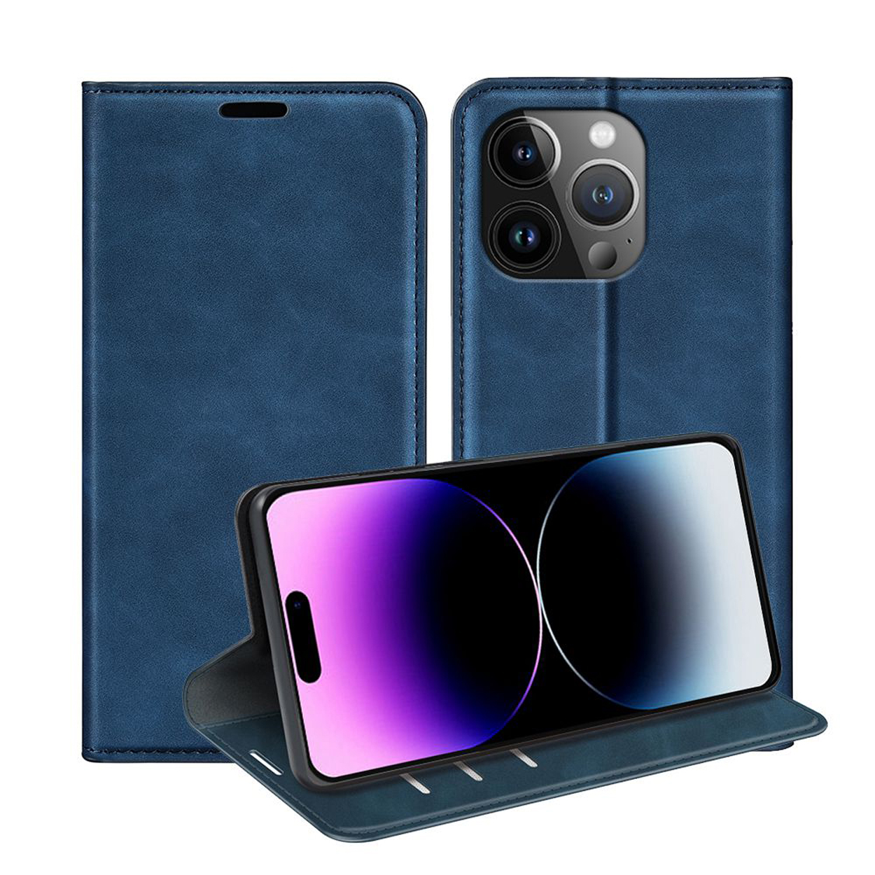 Een telefoon zit in een blauwe leren hoes, open. De telefoon staat aan. Drie kaartsleuven zijn zichtbaar.
