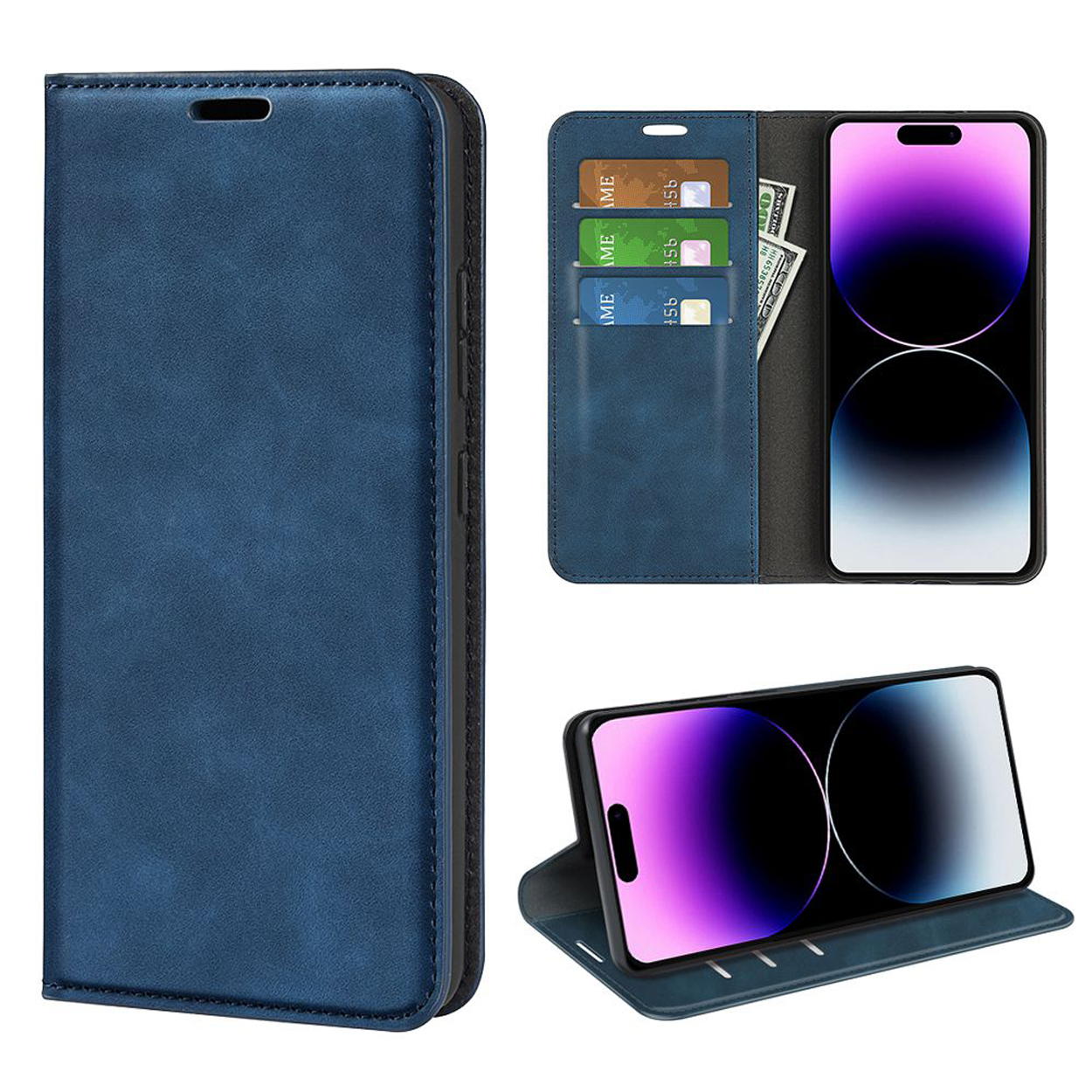 Blauwe telefoonhoes met telefoon, kaarten en geld erin, in meerdere weergaven.