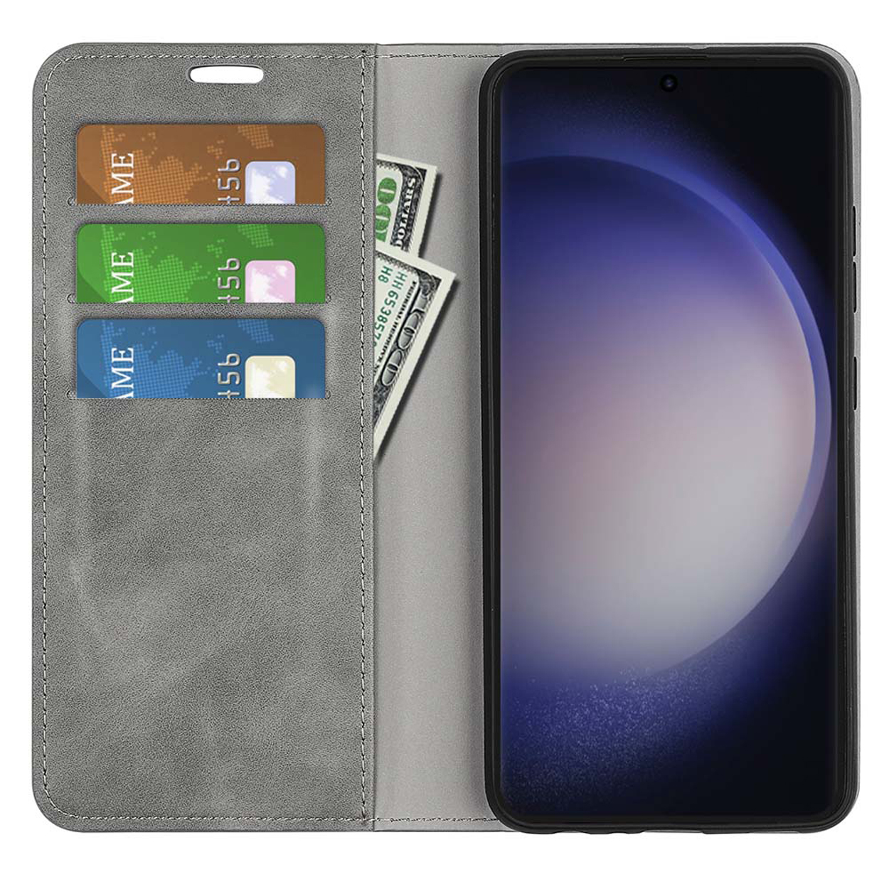 Grijze telefoonhoes open, met kaarten, geld en een telefoon met een grijs display.