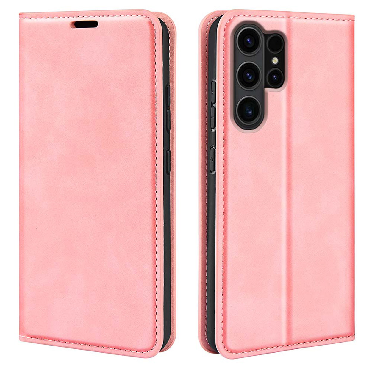 Roze telefoonhoes, gesloten, voor- en achterkant zichtbaar. Stiksels langs de randen.