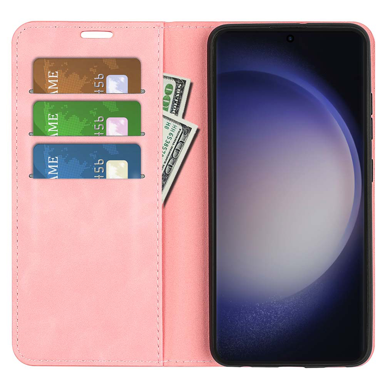 Roze telefoonhoes met kaarthouder. Drie kaarten en contant geld zijn zichtbaar. Het telefoonscherm is roze.