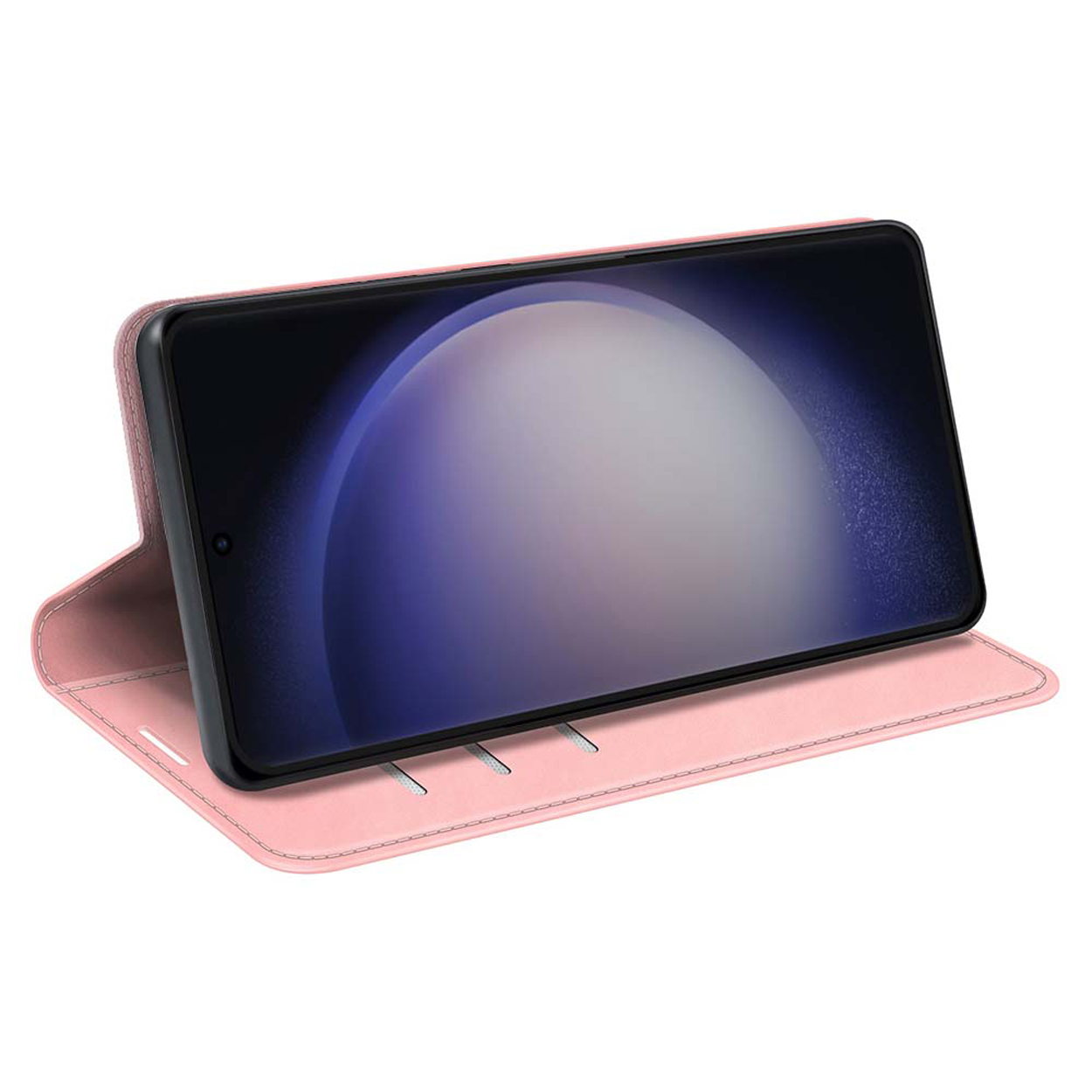 Roze telefoonhoes, open. Telefoonscherm zichtbaar. Drie kaartsleuven aan de linkerkant van de hoes.