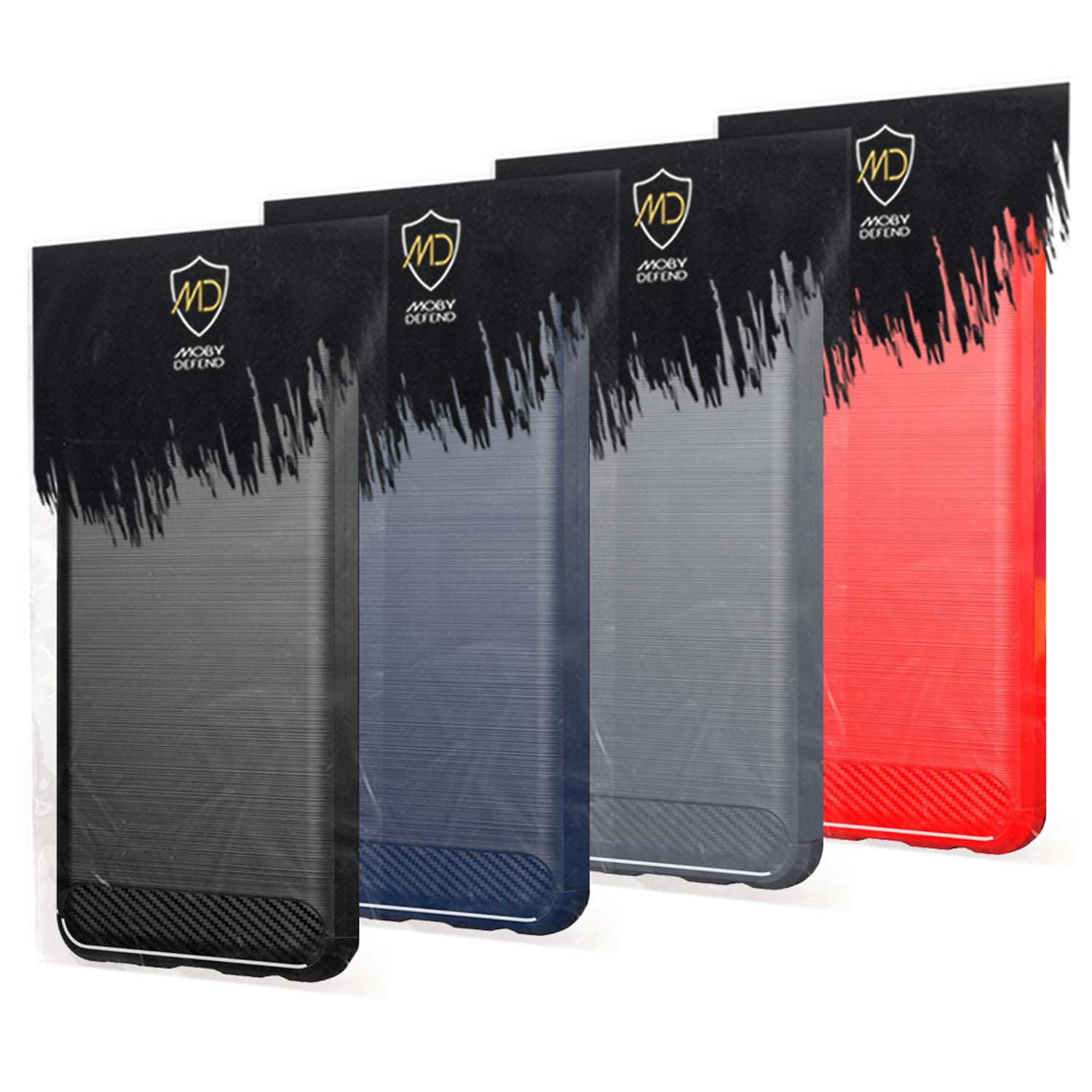 Vier telefoonhoesjes in zwart, blauw, grijs en rood met MobyDefend logo.
