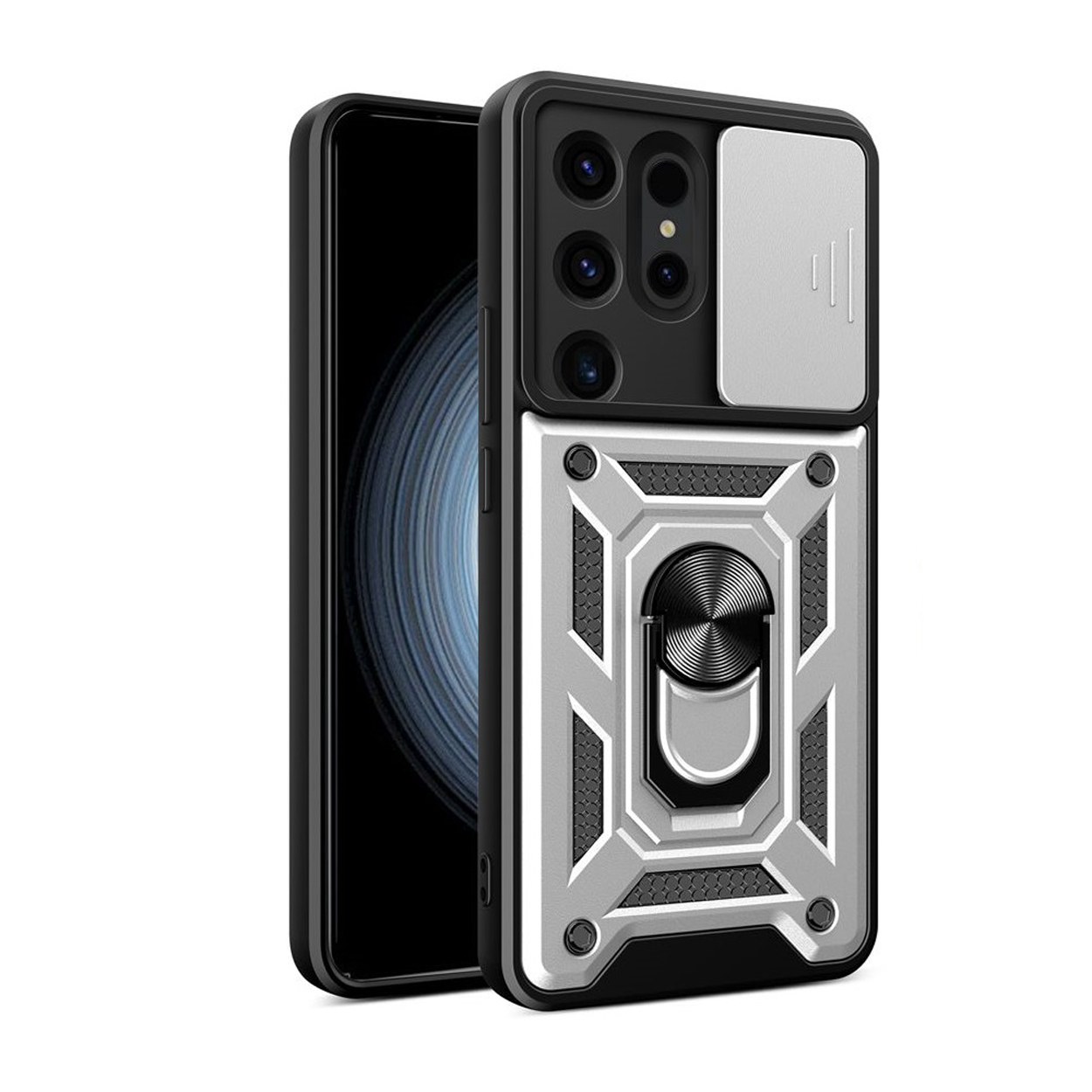 Zwarte en zilveren telefoonhoes. De telefoonhoes heeft een camerahoes en een ringhouder. De achtergrond is wit.