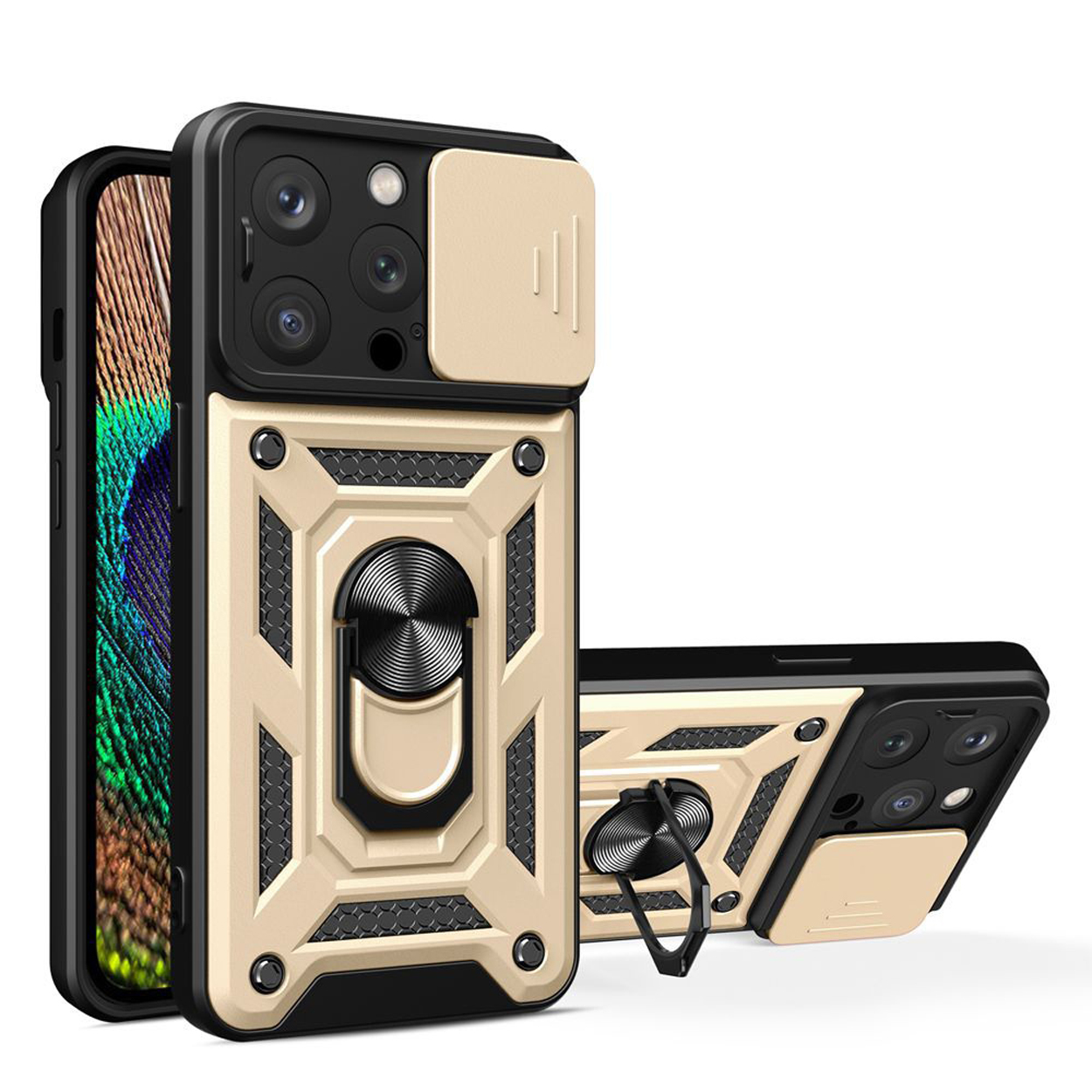 Een telefoonhoesje in goud en zwart met een camera cover en ringhouder.