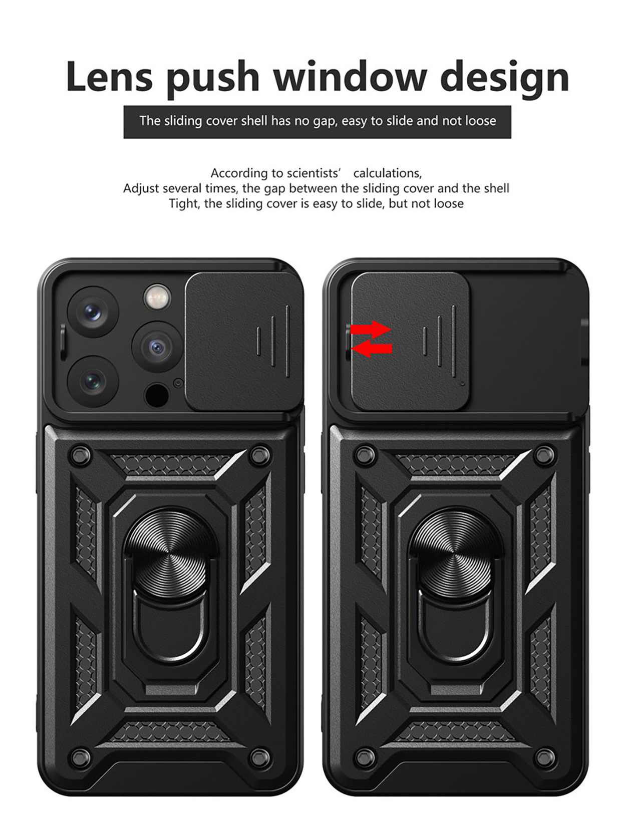 Zwarte telefoonhoes met camera cover en ringhouder. Tekst beschrijft de schuif cover.