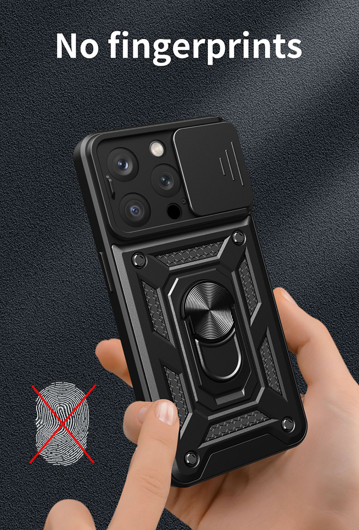 Een telefoonhoesje met een cameralensafdekking en een ringhouder. De tekst zegt geen vingerafdrukken. De achtergrond is zwart.