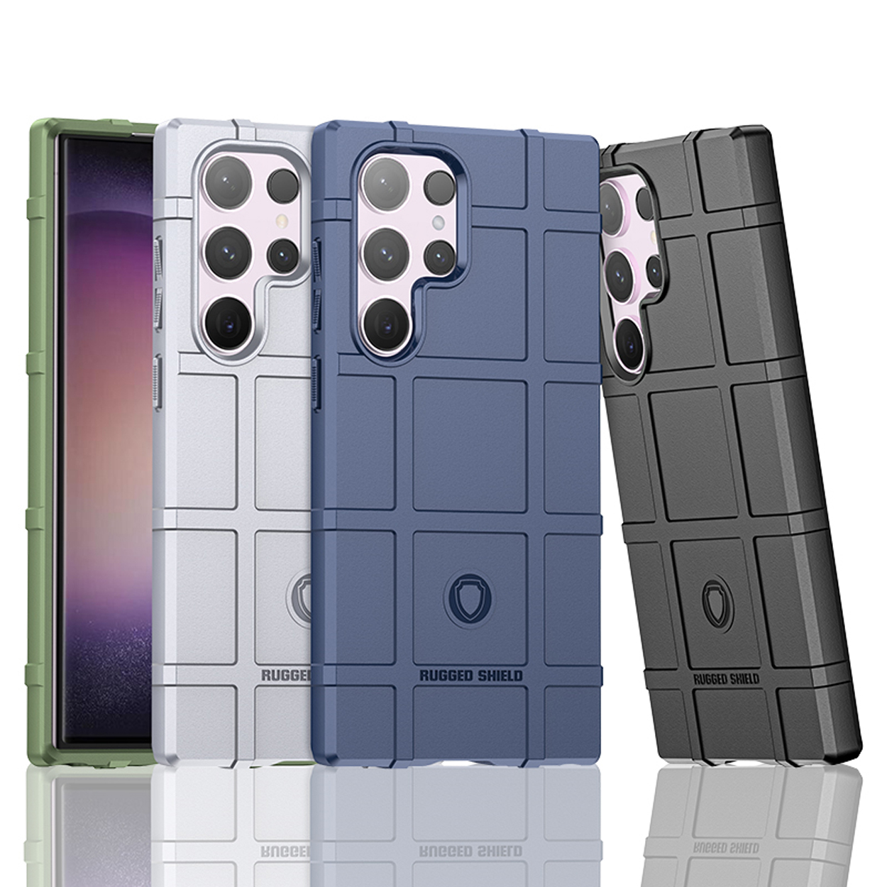 Telefoonhoesjes in groen, zilver, blauw en zwart, rechtopstaand.