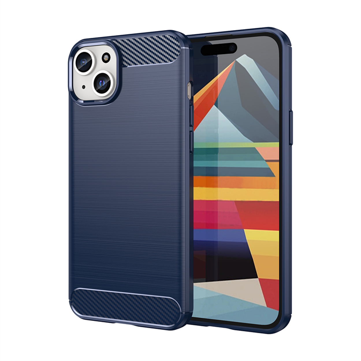 Blauwe telefoonhoes met een gestructureerd ontwerp. De telefoon zit in de hoes.