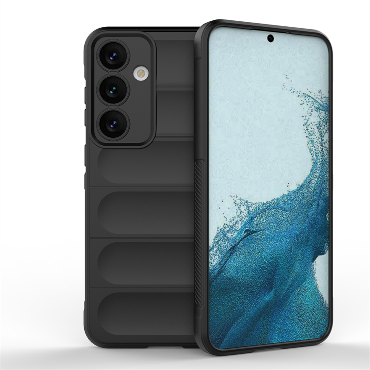 Een zwarte telefoonhoes op een witte achtergrond. De hoes heeft een camera-uitsparing en een gestructureerd ontwerp.
