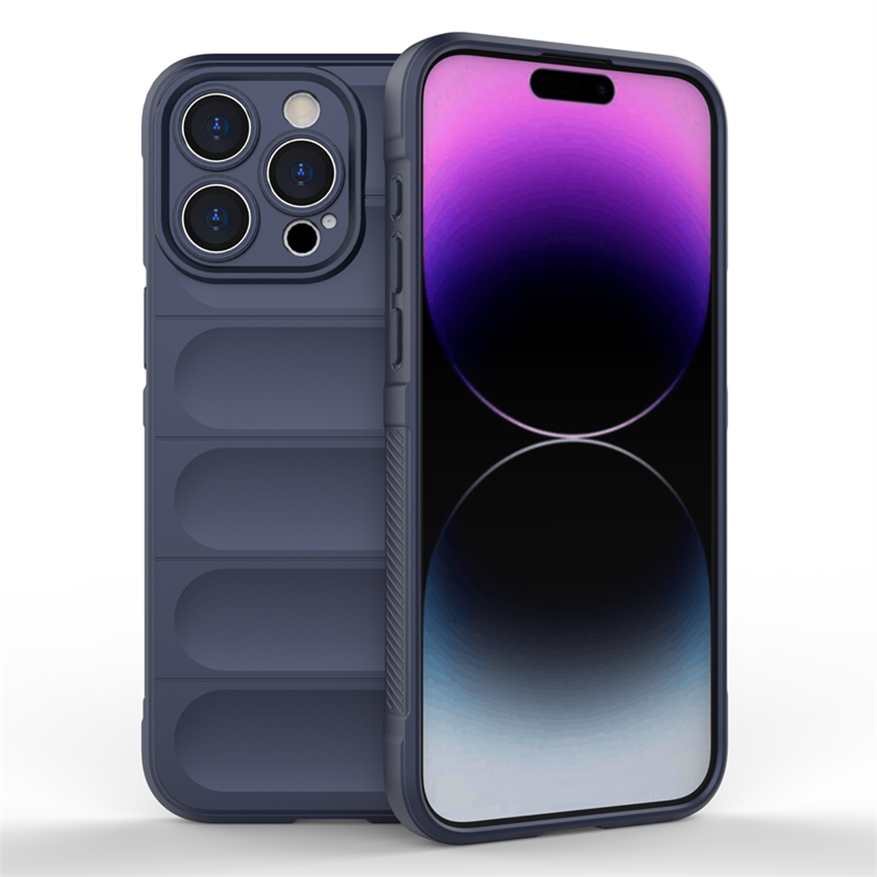 Marineblauwe telefoonhoes met een telefoon erin. De telefoon heeft een paars scherm. De hoes heeft een textuur aan de achterkant.