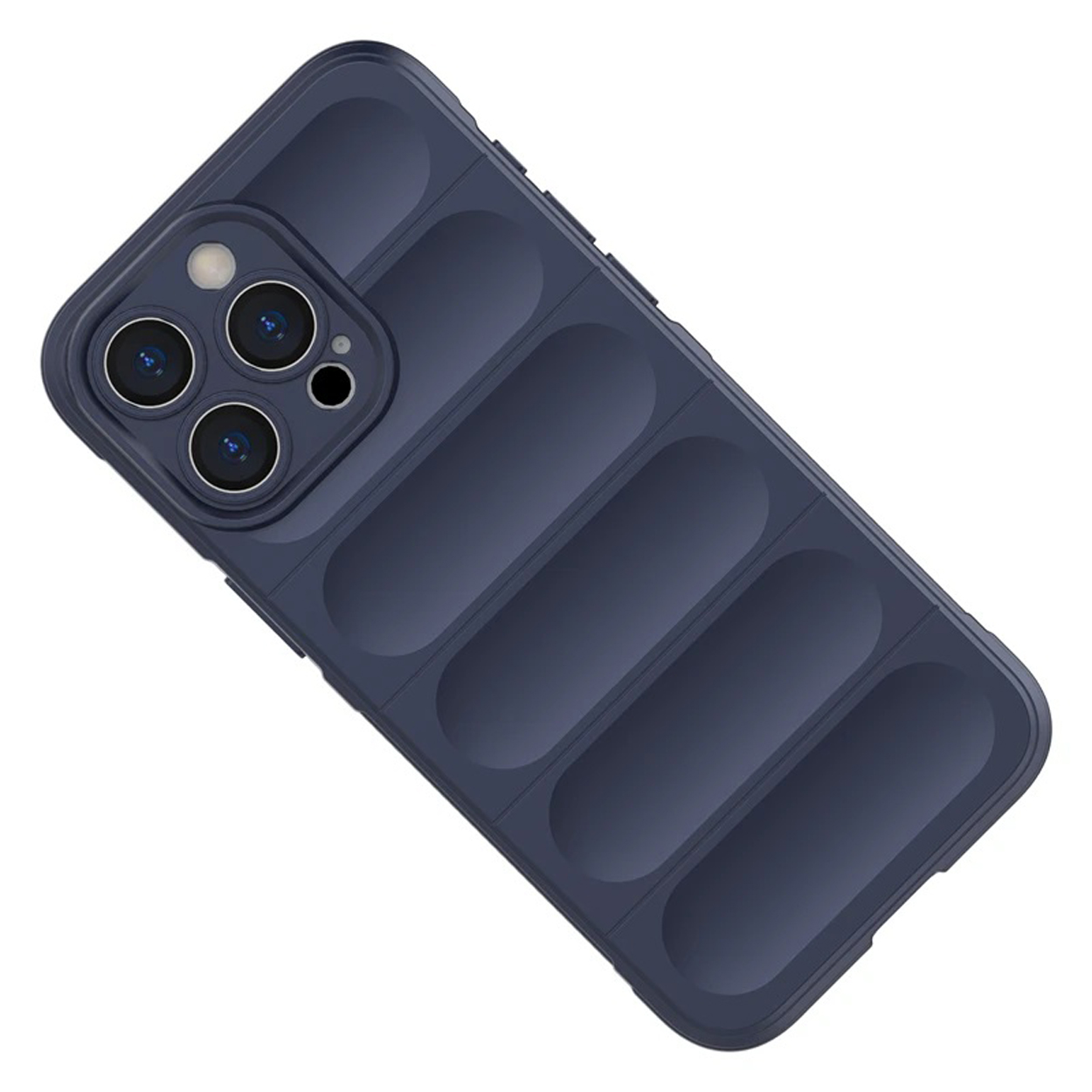 Donkerblauwe telefoonhoes met een bobbelig ontwerp. Toont de cameralenzen.