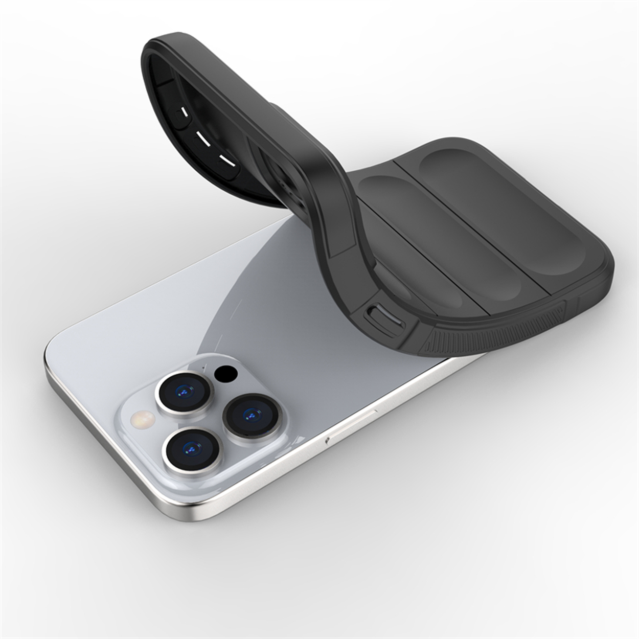 Zwarte telefoonhoes met telefoon, de achterkant van de telefoon tonend.