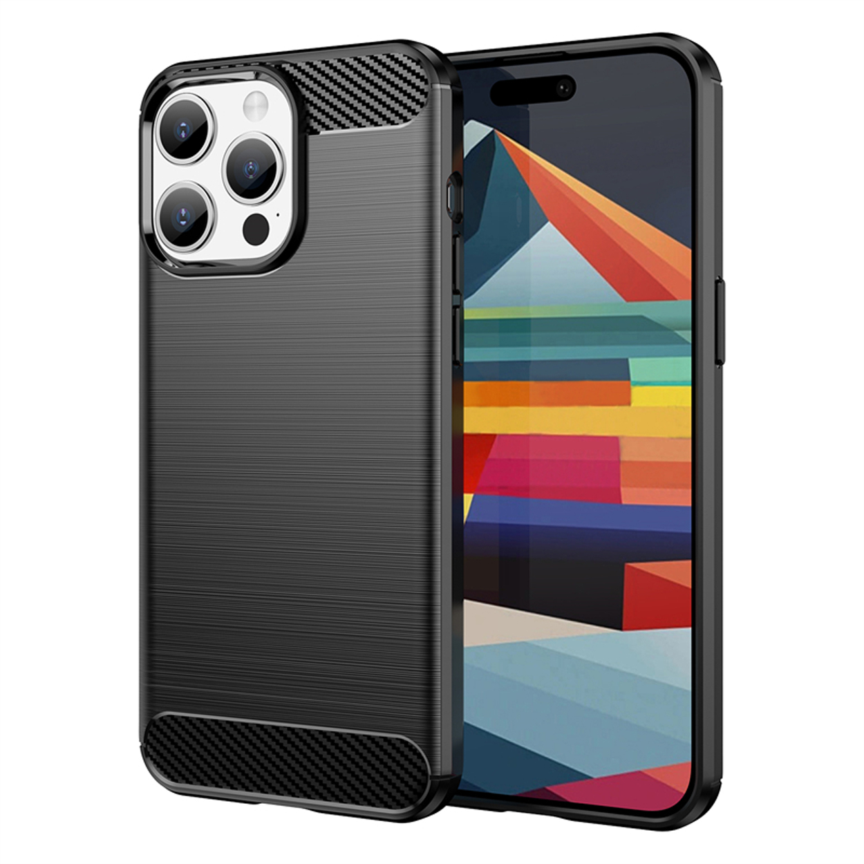 Zwarte telefoonhoes met een getextureerde achterkant en drievoudige camera.