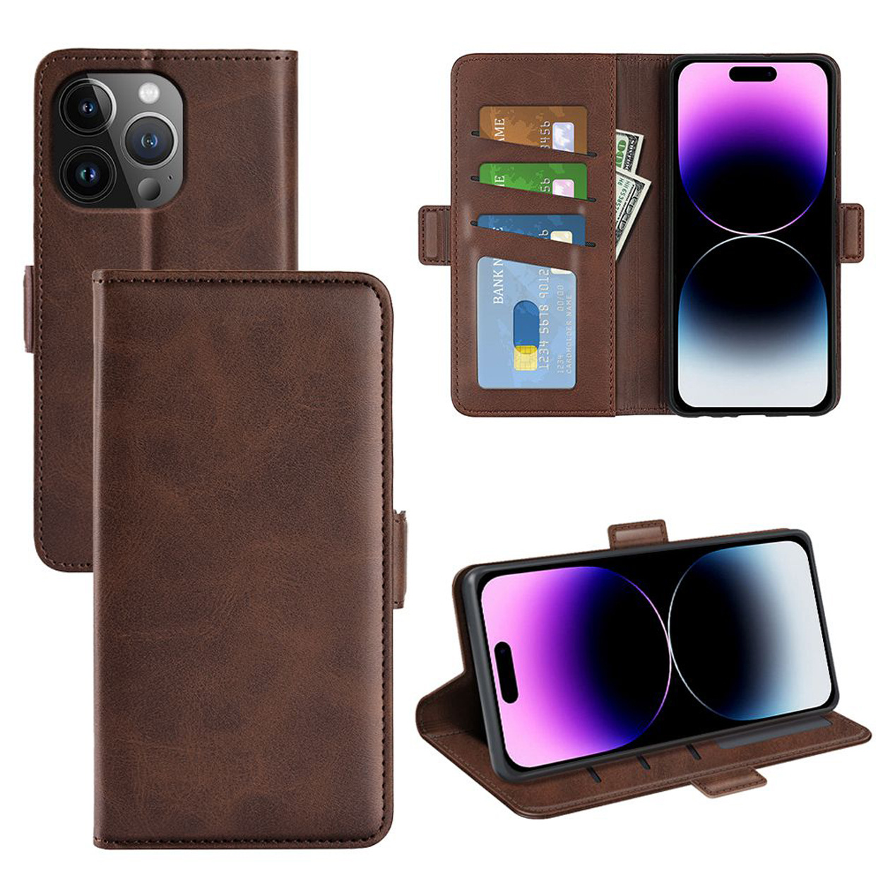 Étui de téléphone en cuir marron, ouvert pour révéler cartes, argent et écran.