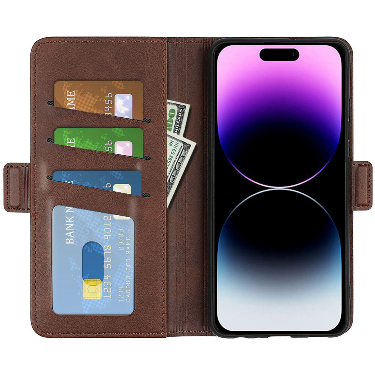Coque de téléphone marron, vue ouverte avec cartes et argent. Téléphone à l'intérieur de la coque. Aspect cuir.