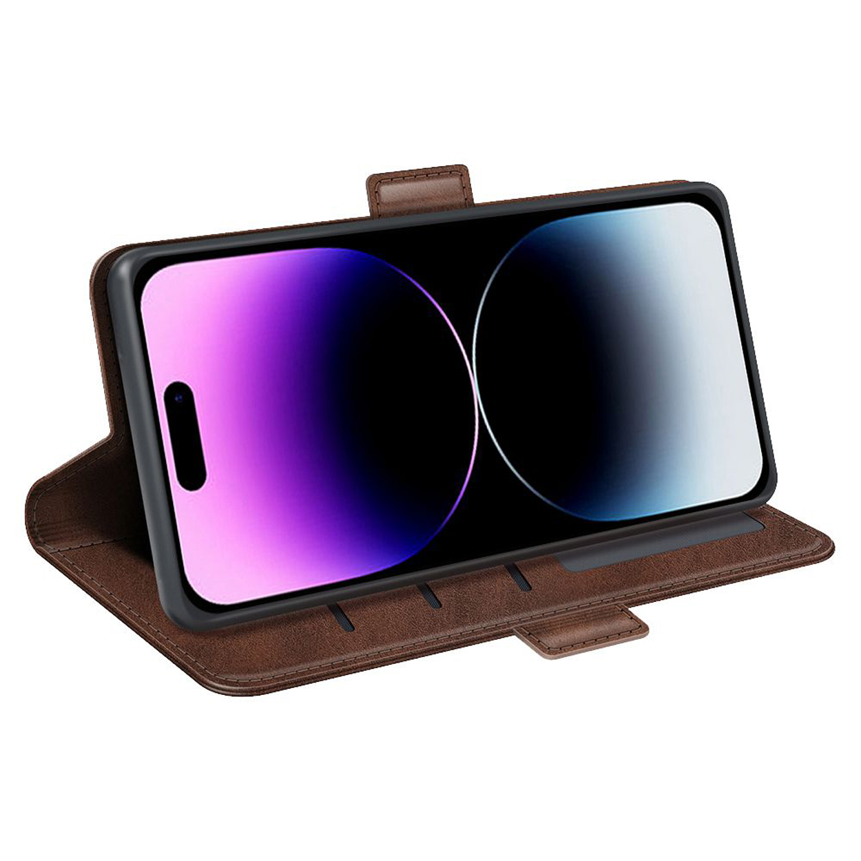 Coque de téléphone marron avec téléphone affiché. Le téléphone est soutenu et ouvert.