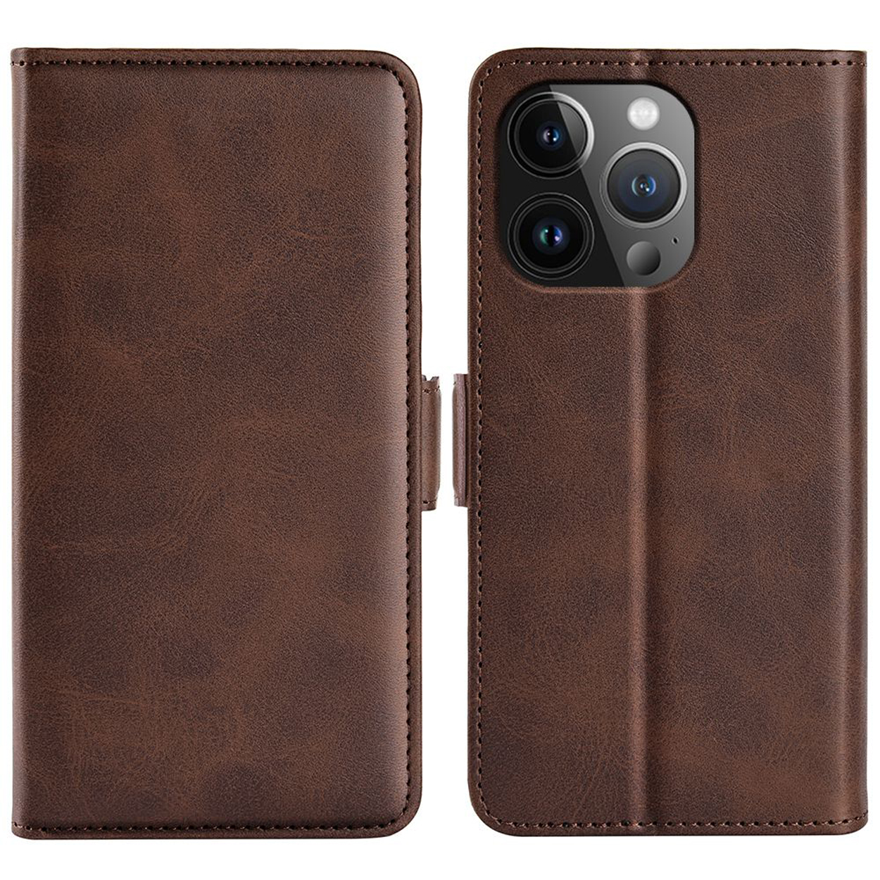 Étui portefeuille en cuir marron, vue fermée et ouverte. Téléphone à l'intérieur de l'étui, découpes caméra.