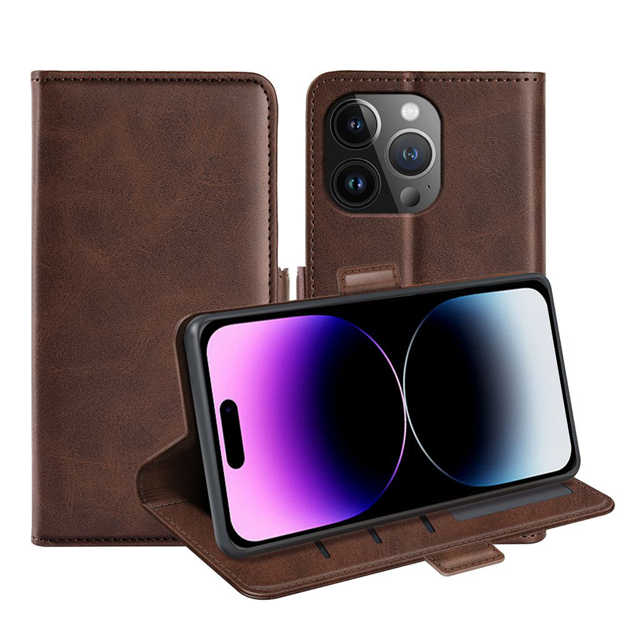 Étui de téléphone en cuir marron avec un téléphone à l'intérieur, montrant son écran.