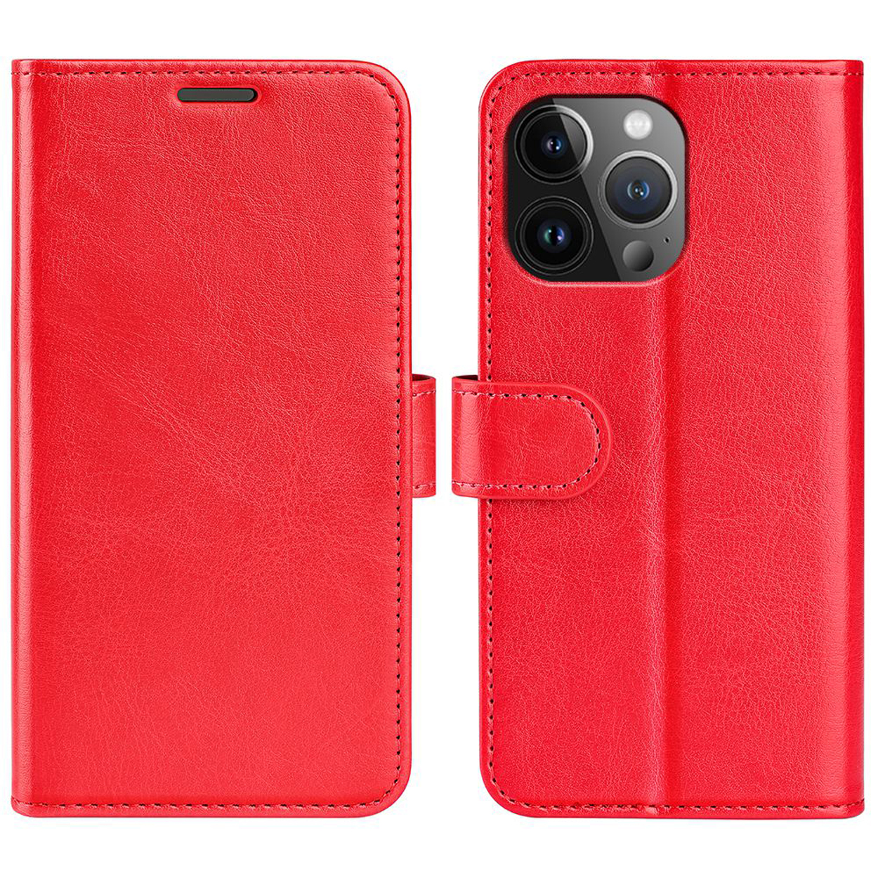 Étui de téléphone en cuir rouge, ouvert et fermé, avec un fermoir. Téléphone non visible.
