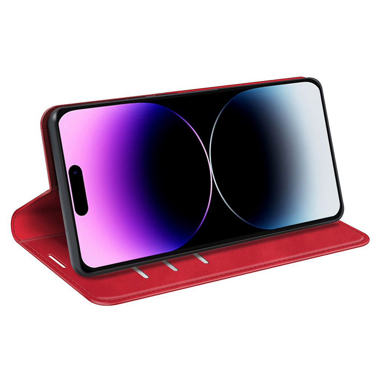 Rode telefoonhoes open. Het telefoonscherm wordt getoond.