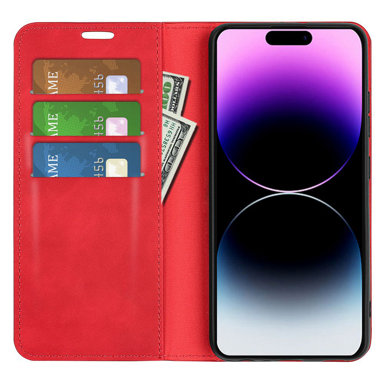 Rode leren telefoonhoes met kaarten, contant geld en telefoon.