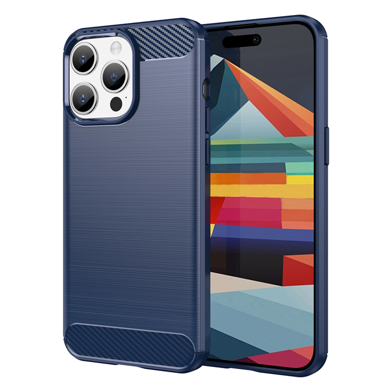Coque de téléphone bleu marine avec dos texturé et détails en fibre de carbone. Le téléphone est à l'intérieur, visible.