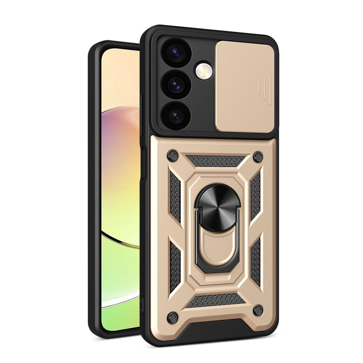 Gouden en zwarte telefoonhoes, met ringhouder en camerahoes.