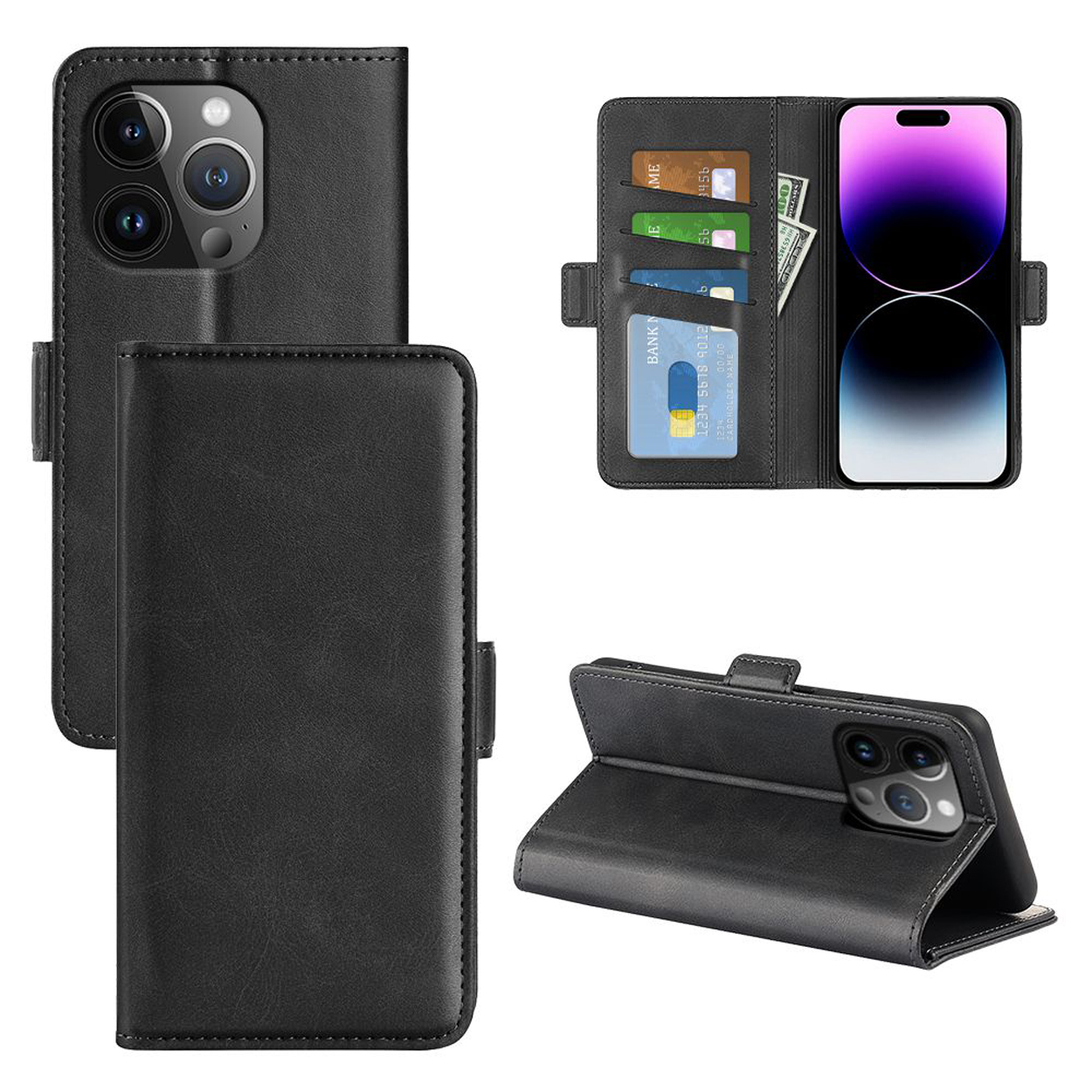 Étui de téléphone en cuir noir, ouvert pour révéler cartes, argent et écran.