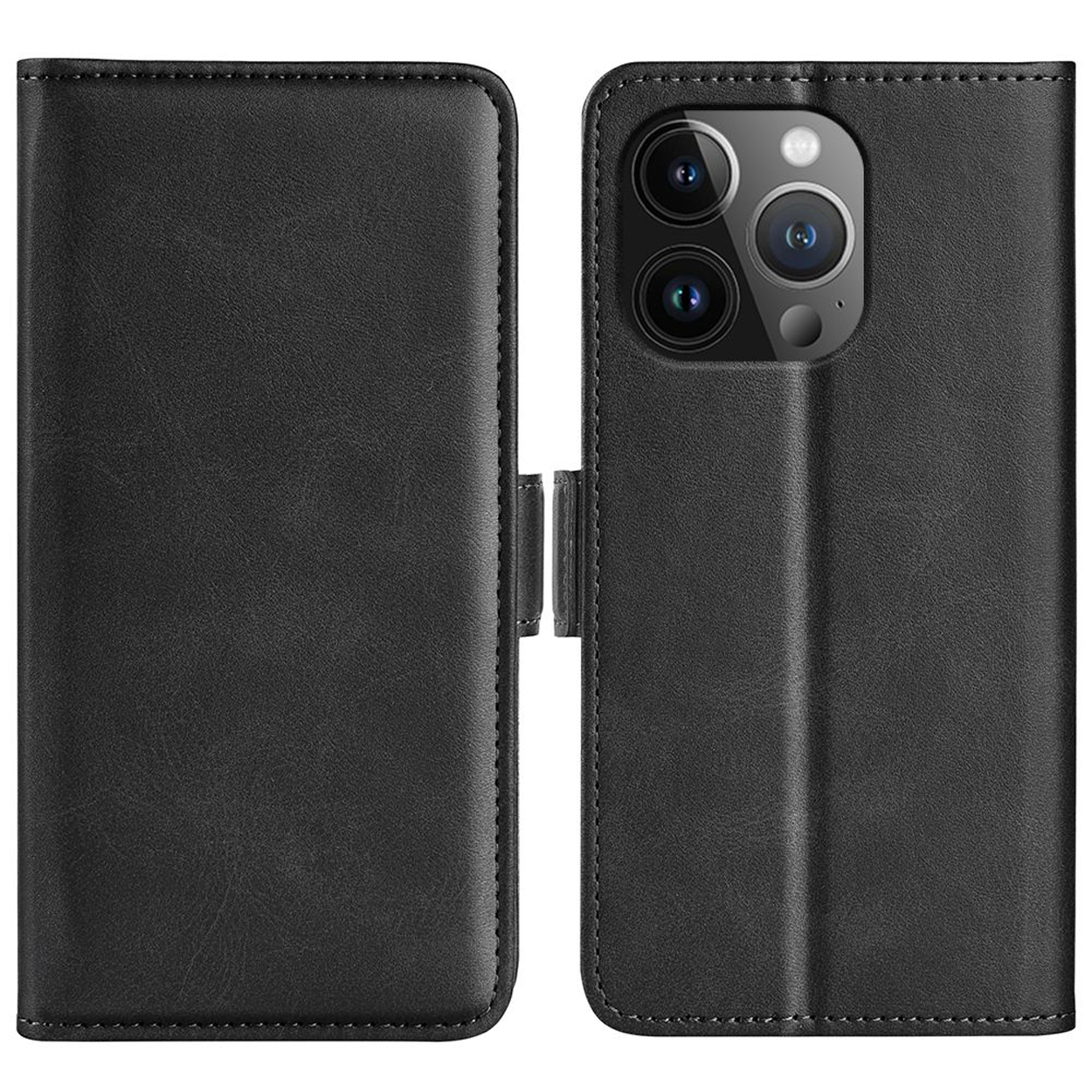 Étui de téléphone en cuir noir, fermé. L'étui est fermé avec une sangle.