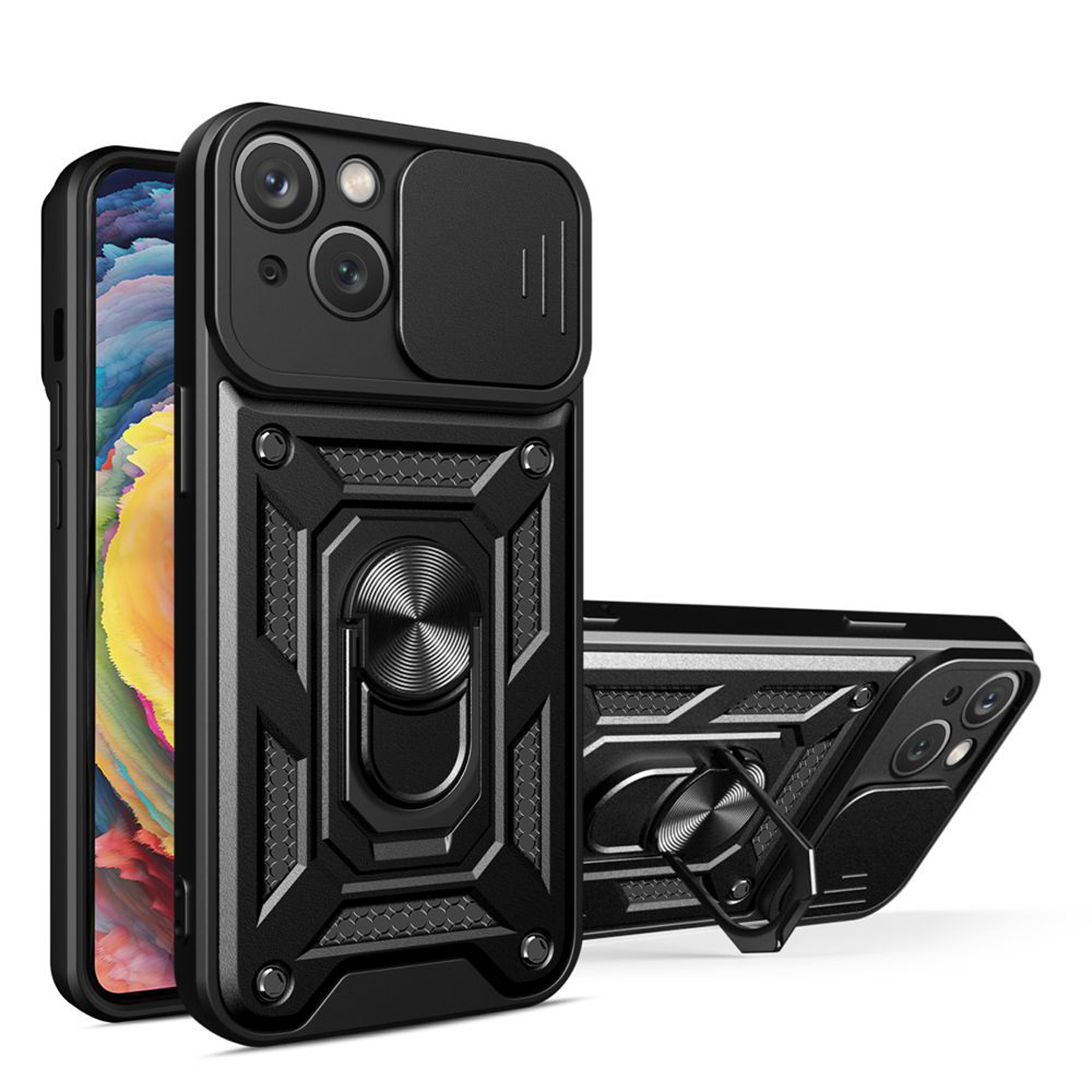 Zwarte telefoonhoes, schuine weergave met ringhouder en camerabescherming. Twee hoesjes op een witte achtergrond.