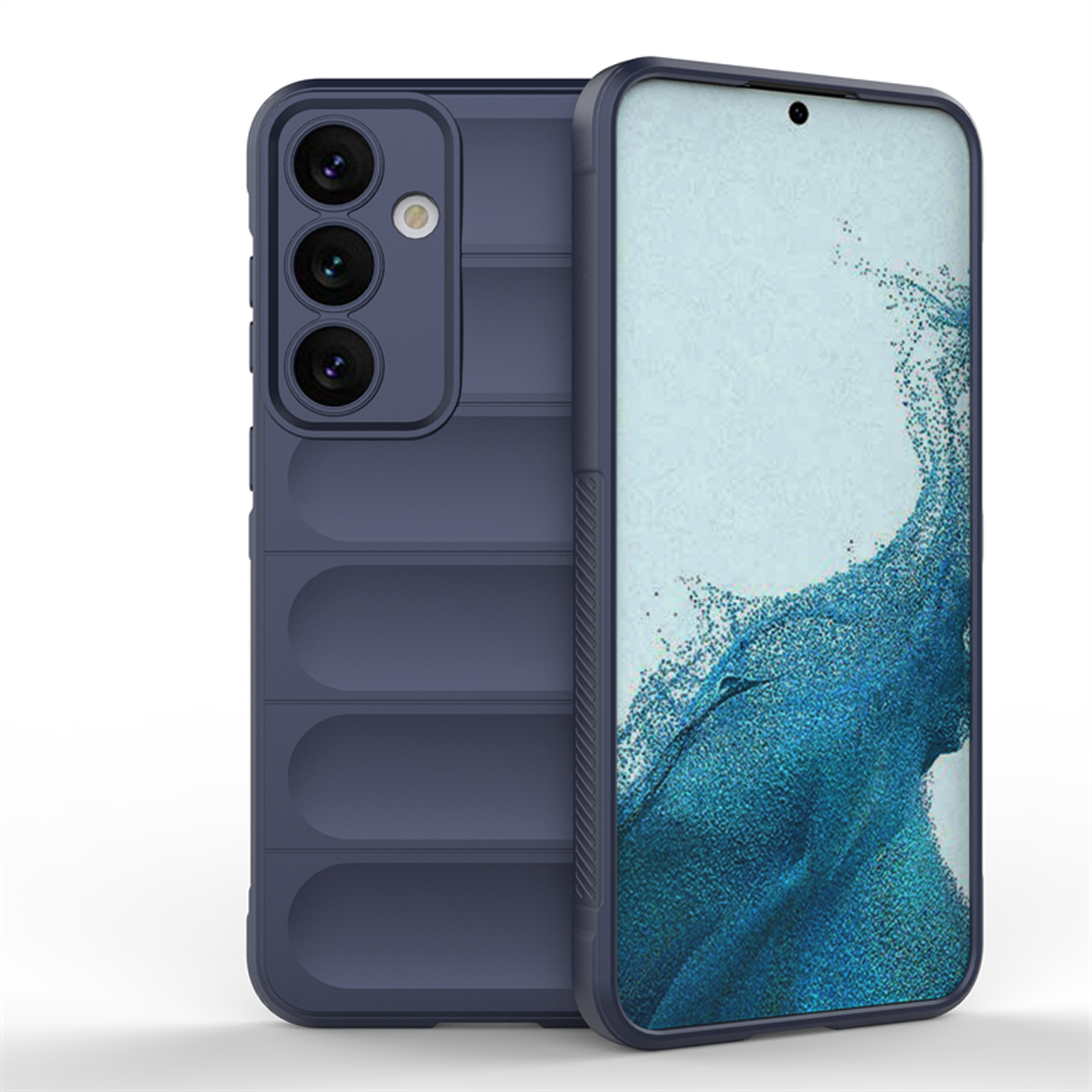 Blauwe telefoonhoes, achter- en zijaanzichten. Telefoon zit erin, met camera-uitsparingen en een gestructureerd ontwerp.