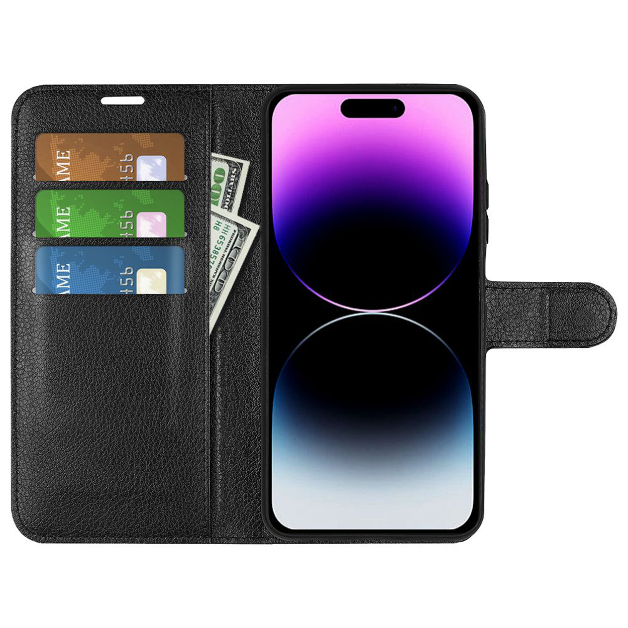 Zwarte leren telefoonhoes, open. Telefoon zit erin. Hoes heeft kaartsleuven en een dollarbiljet.