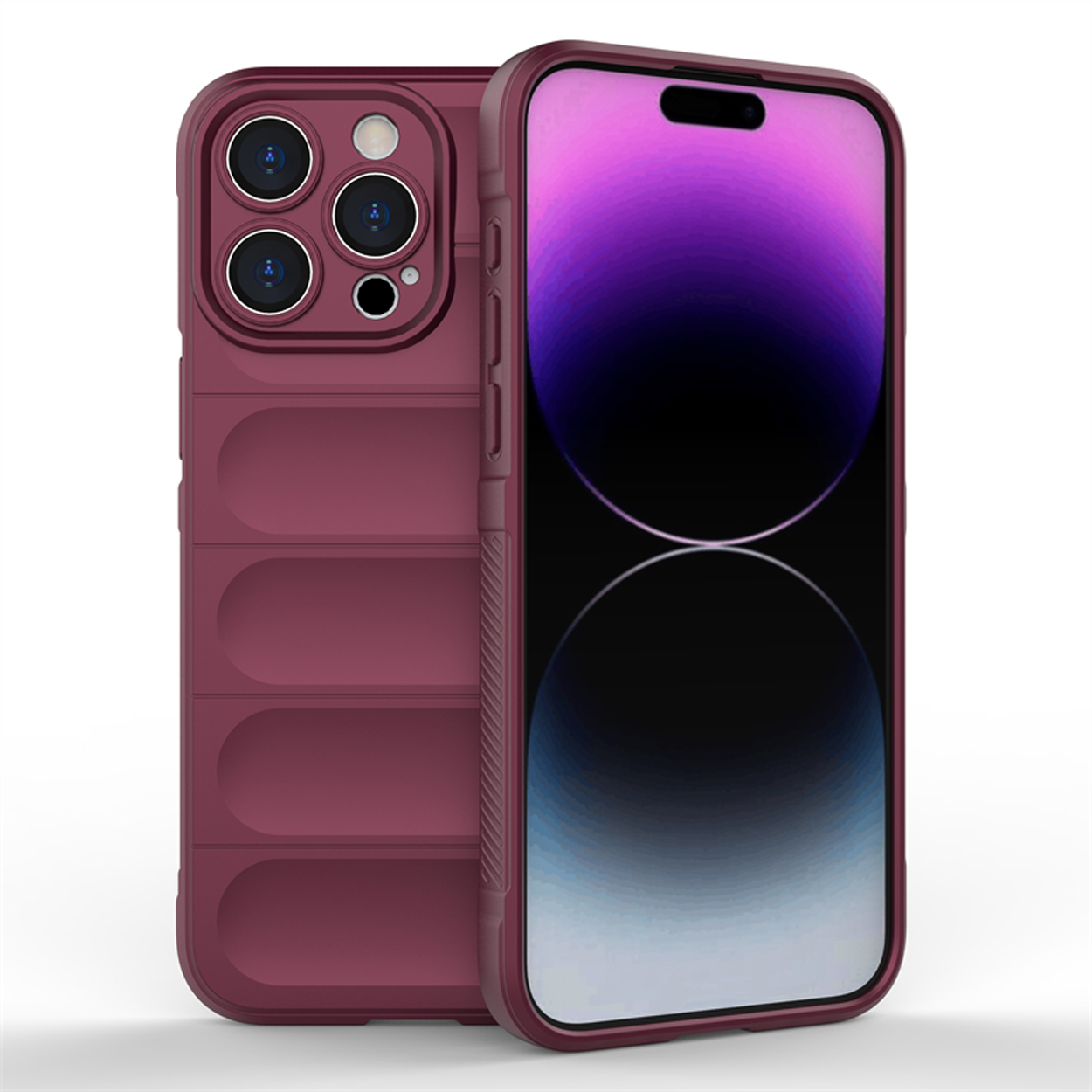 Coque de téléphone bordeaux avec un téléphone à l'intérieur. L'étui a des lignes horizontales et une bosse pour la caméra.