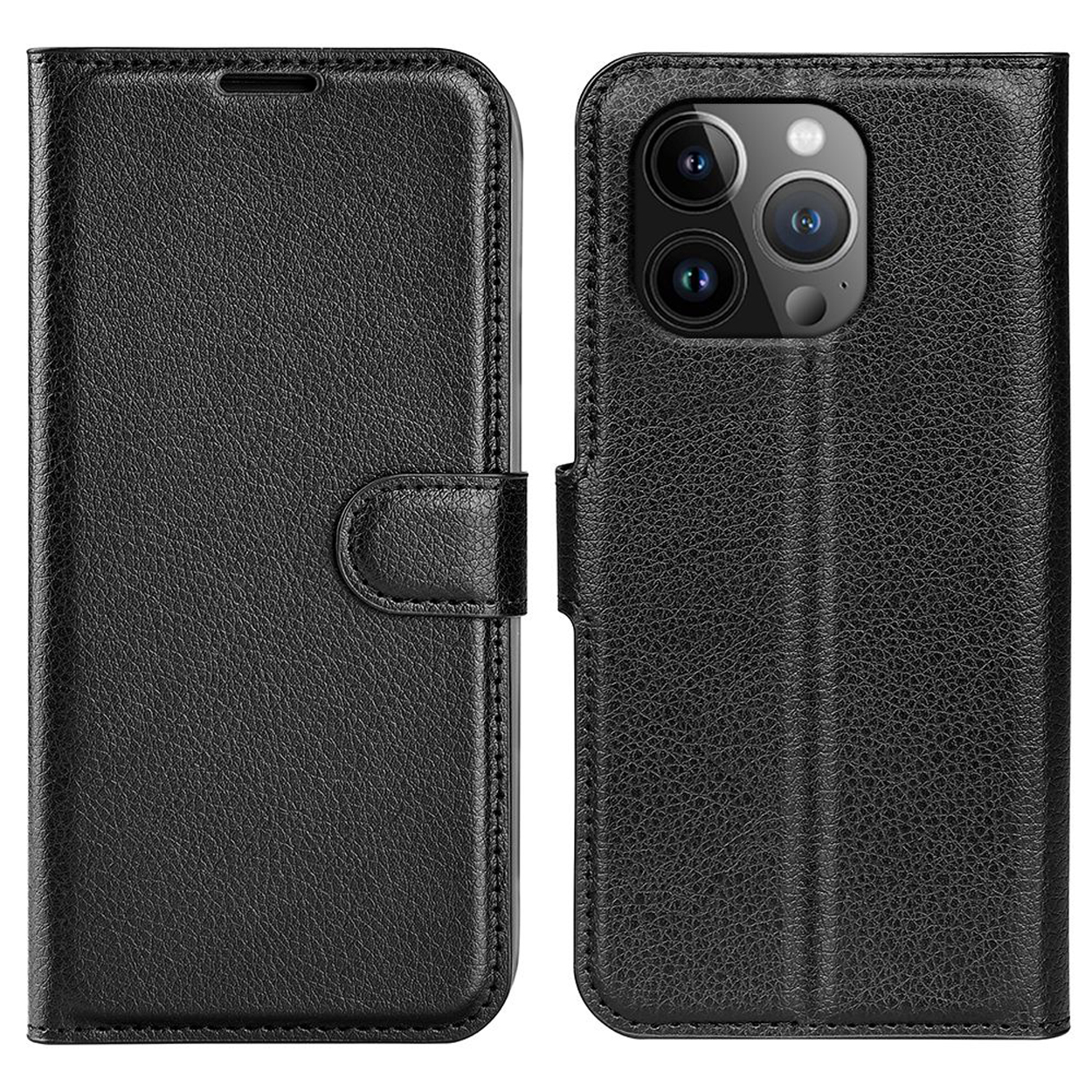 Zwarte telefoonhoes. Telefoon en knoppen aan de zijkant. Gesloten en open weergave.