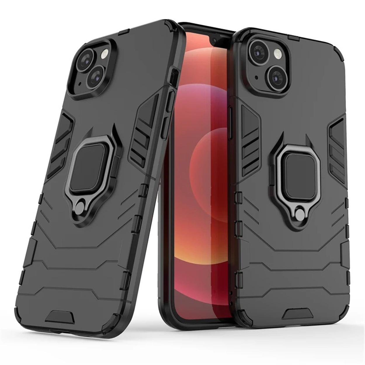Zwarte telefoonhoes, schuine weergave met ringhouder. Twee hoesjes op een witte achtergrond met een telefoon ertussen.