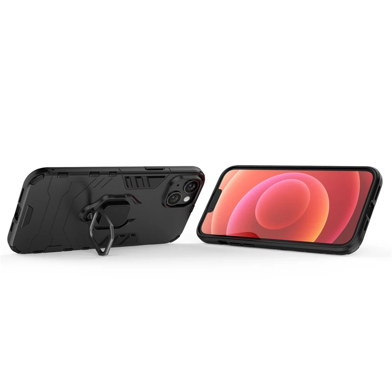 Zwarte telefoonhoes met ringstandaard. Telefoon rechts met oranje en rood display.