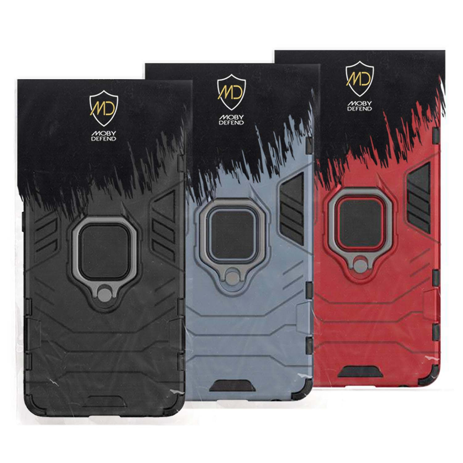 Drie telefoonhoesjes in een verpakking. Ze hebben verschillende kleuren en ontwerpen.