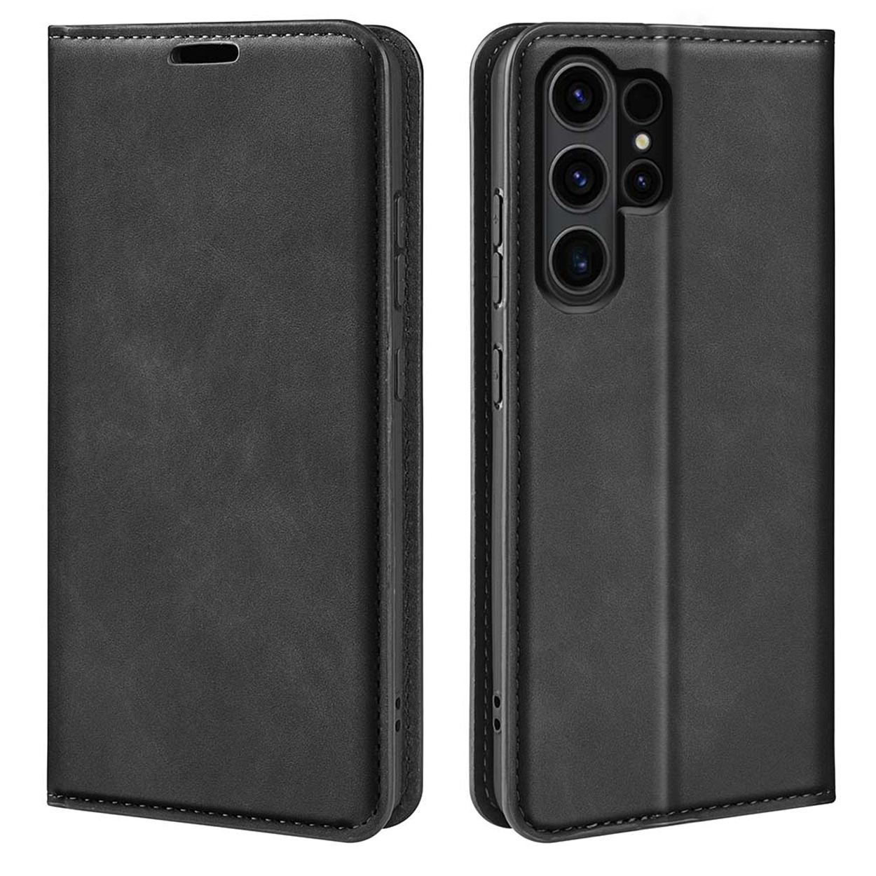 Étui de téléphone en cuir noir, fermé. L'étui montre l'arrière du téléphone.