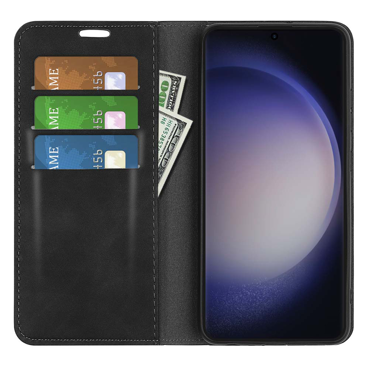 Un étui de téléphone noir est ouvert avec un téléphone, des cartes et de l'argent à l'intérieur. L'écran du téléphone affiche un graphique.