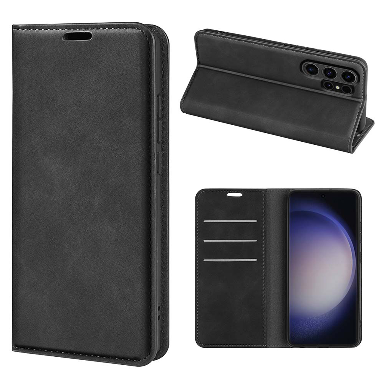 Étui de téléphone en cuir noir. Comprend un téléphone, des fentes pour cartes et une fermeture magnétique.