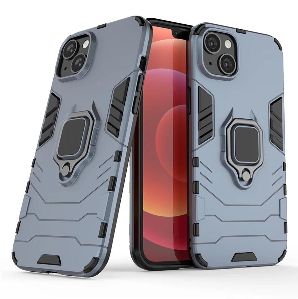Grijze telefoonhoesjes met ringhouders en een telefoon in het midden.