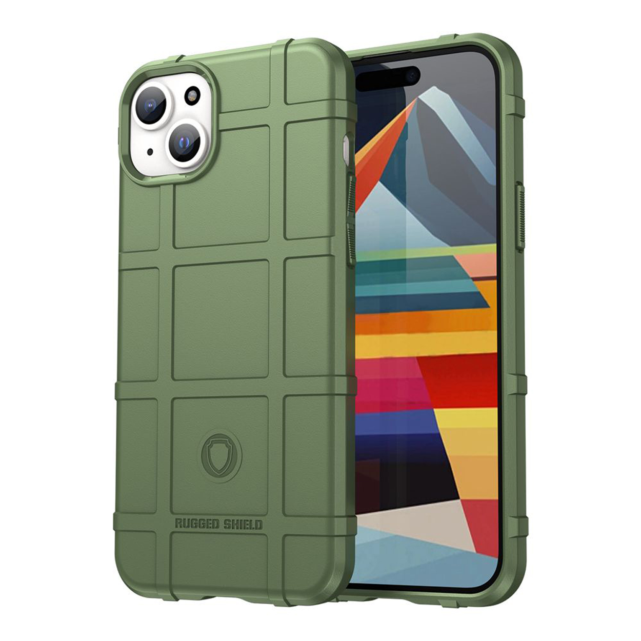 Groene robuuste telefoonhoes, met een telefoon erin. De hoes heeft een vierkant patroon.