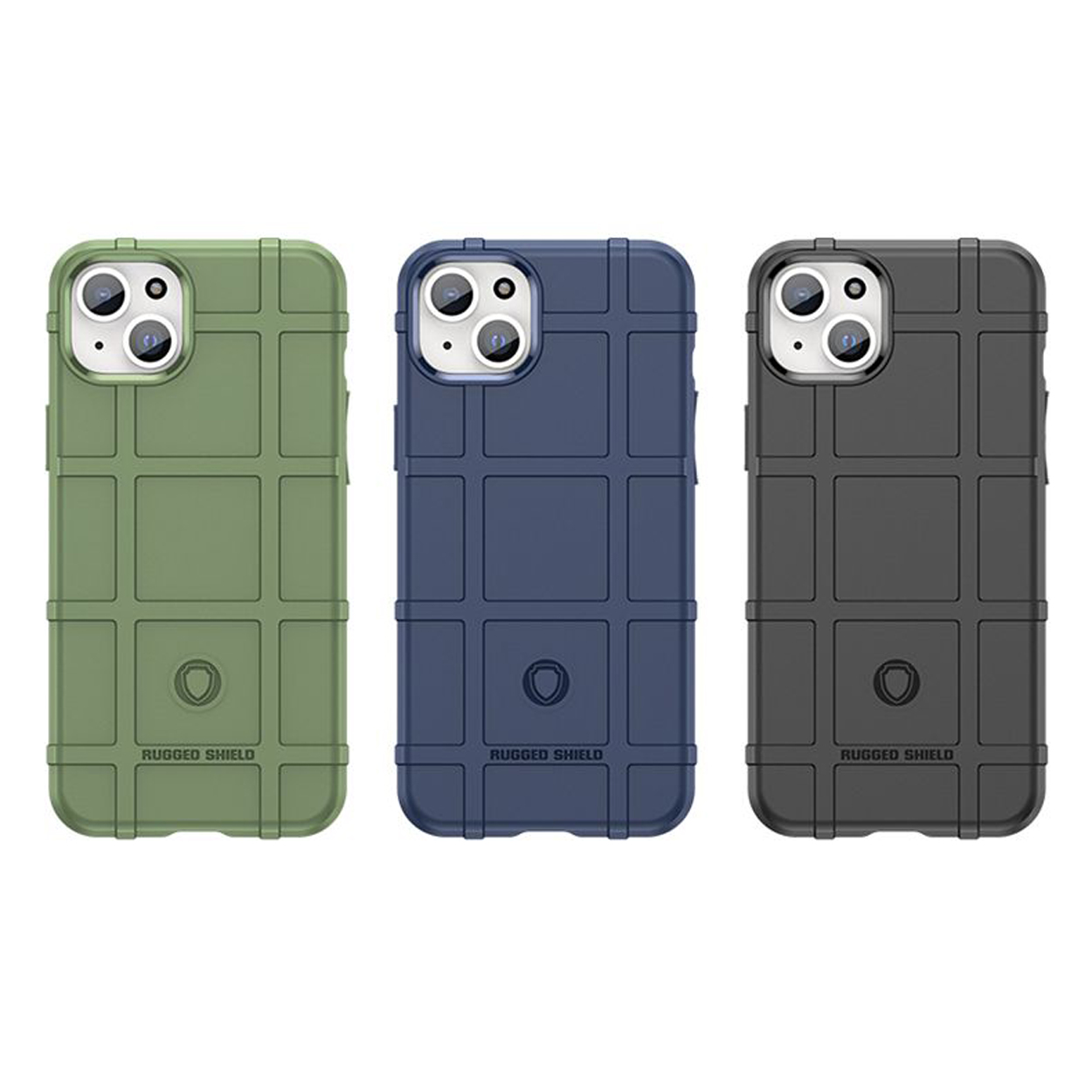 Groene, blauwe en zwarte robuuste telefoonhoesjes. Rasterpatroon op de achterkant, Rugged Shield-logo. Camera-uitsparingen.