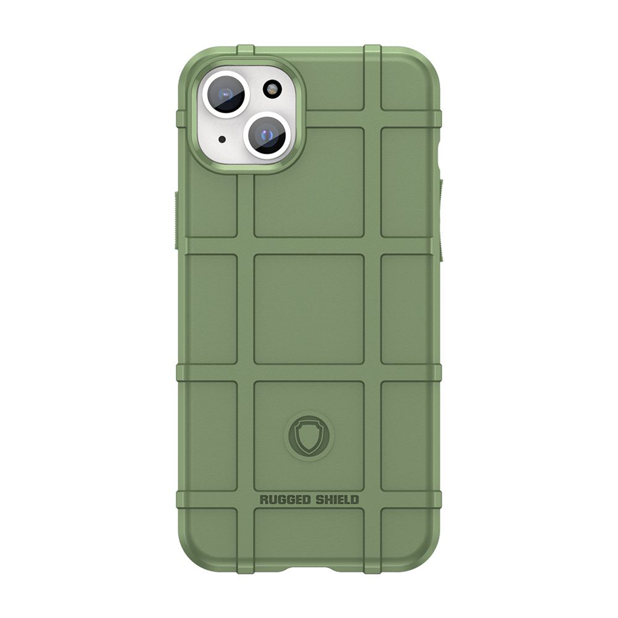 Groene telefoonhoes. Heeft een rasterpatroon en een robuust ontwerp. De camera is zichtbaar.