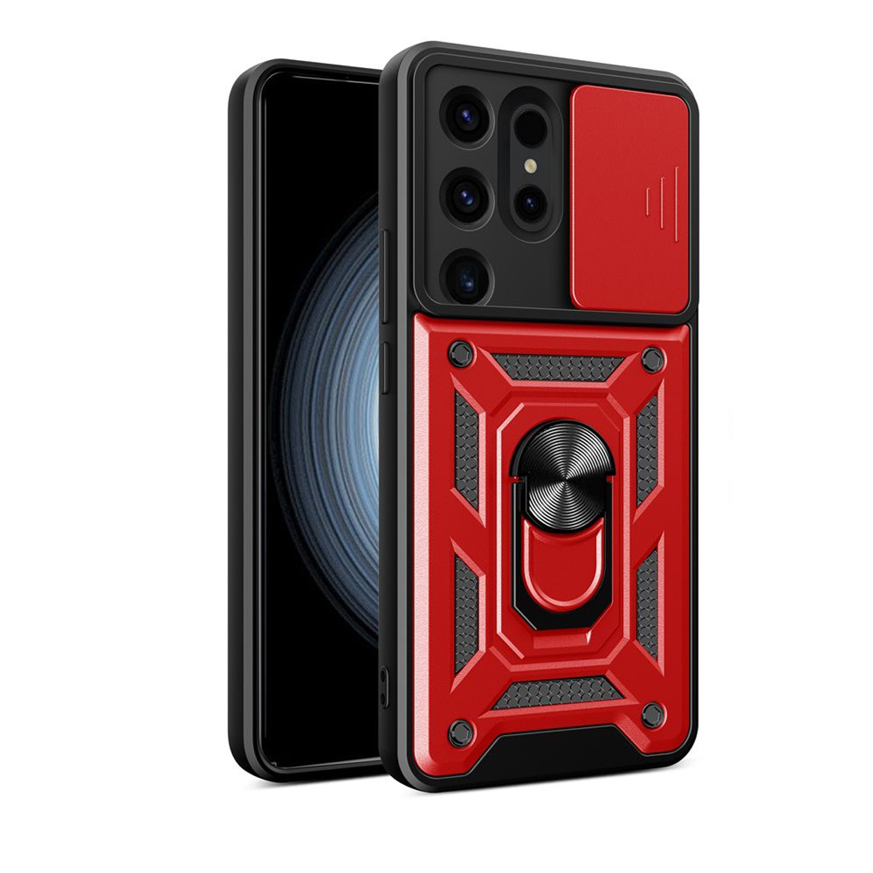 Zwarte telefoon met een rode en zwarte hoes met een ringhouder.