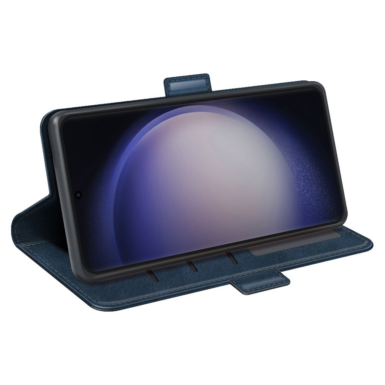 Een marineblauwe telefoonhoes is open en toont een telefoon met een blauw-paarse gradiënt scherm.