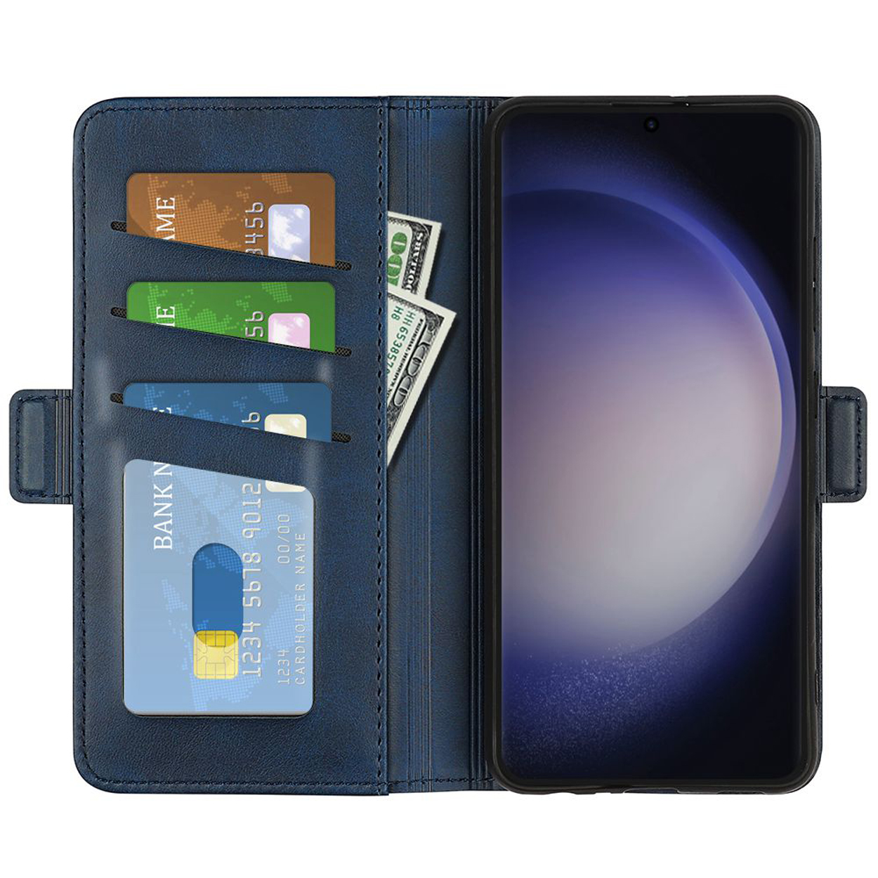 Blauwe telefoonhoes met telefoon, kaarten en geld. Portemonnee-achtige hoes open. De achtergrond is wit.